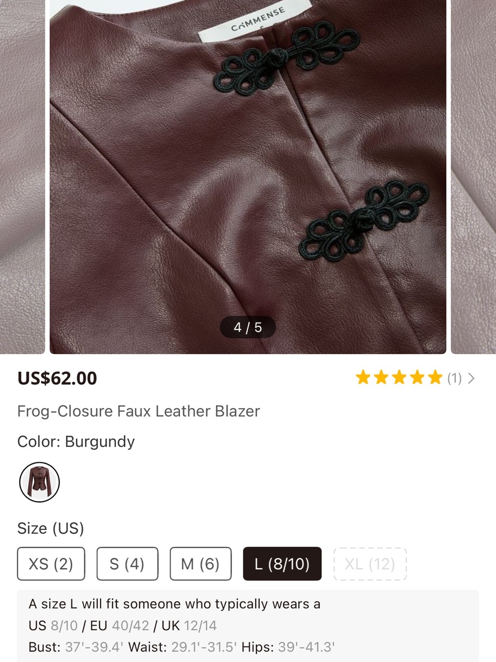 Commense Burgundy Faux Leather Blazer with Frog Closures - Picture 3 of 8